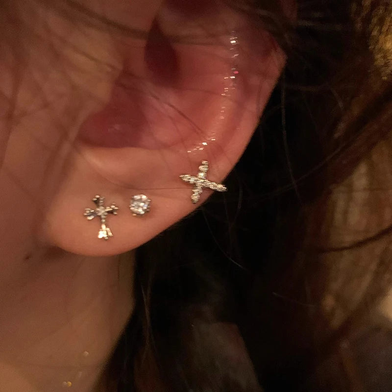 6PCS Silver Rhinestone Cross Set Earrings