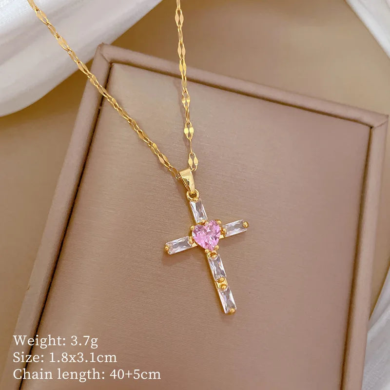 Light Pink Heart Cross Pendant Necklace