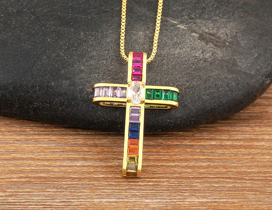 Colorful Rhinestone Cross Shape Pendant Necklace