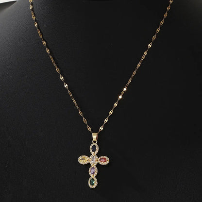 Colorful Round Zircon Cross Necklace for Women