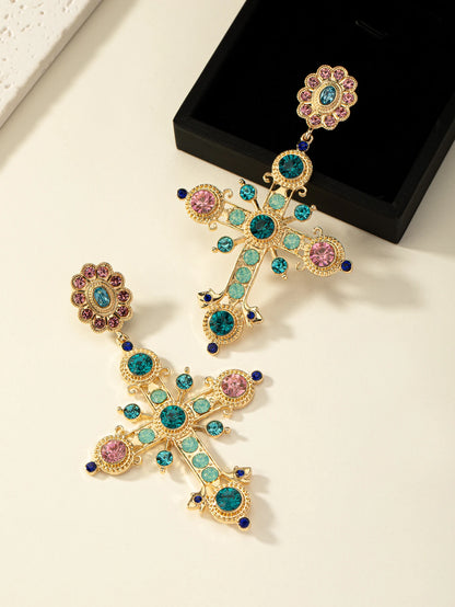 Multicolored Luxurious Stone Cross-Shaped Earrings for Women