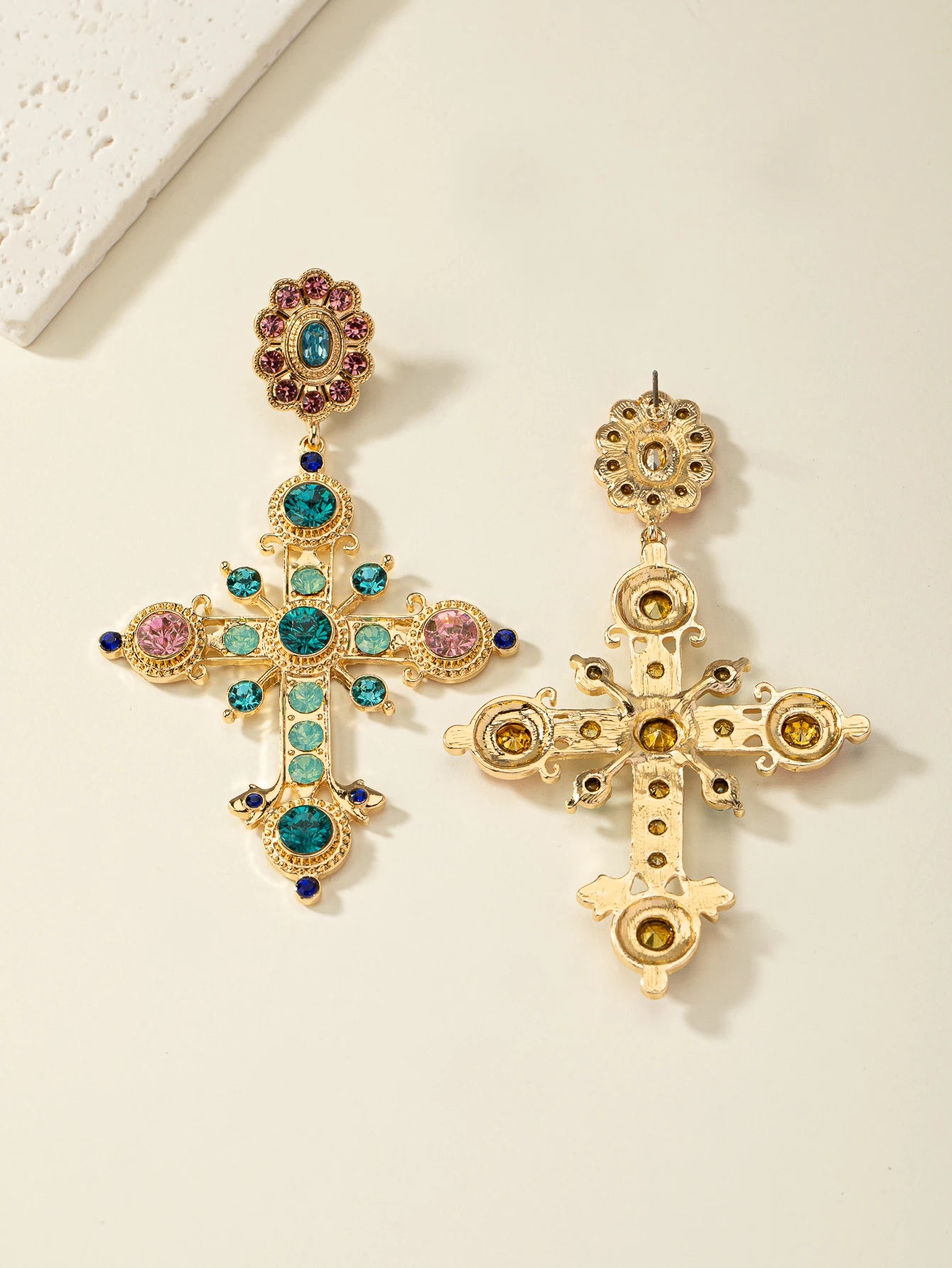 Multicolored Luxurious Stone Cross-Shaped Earrings for Women