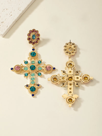Multicolored Luxurious Stone Cross-Shaped Earrings for Women
