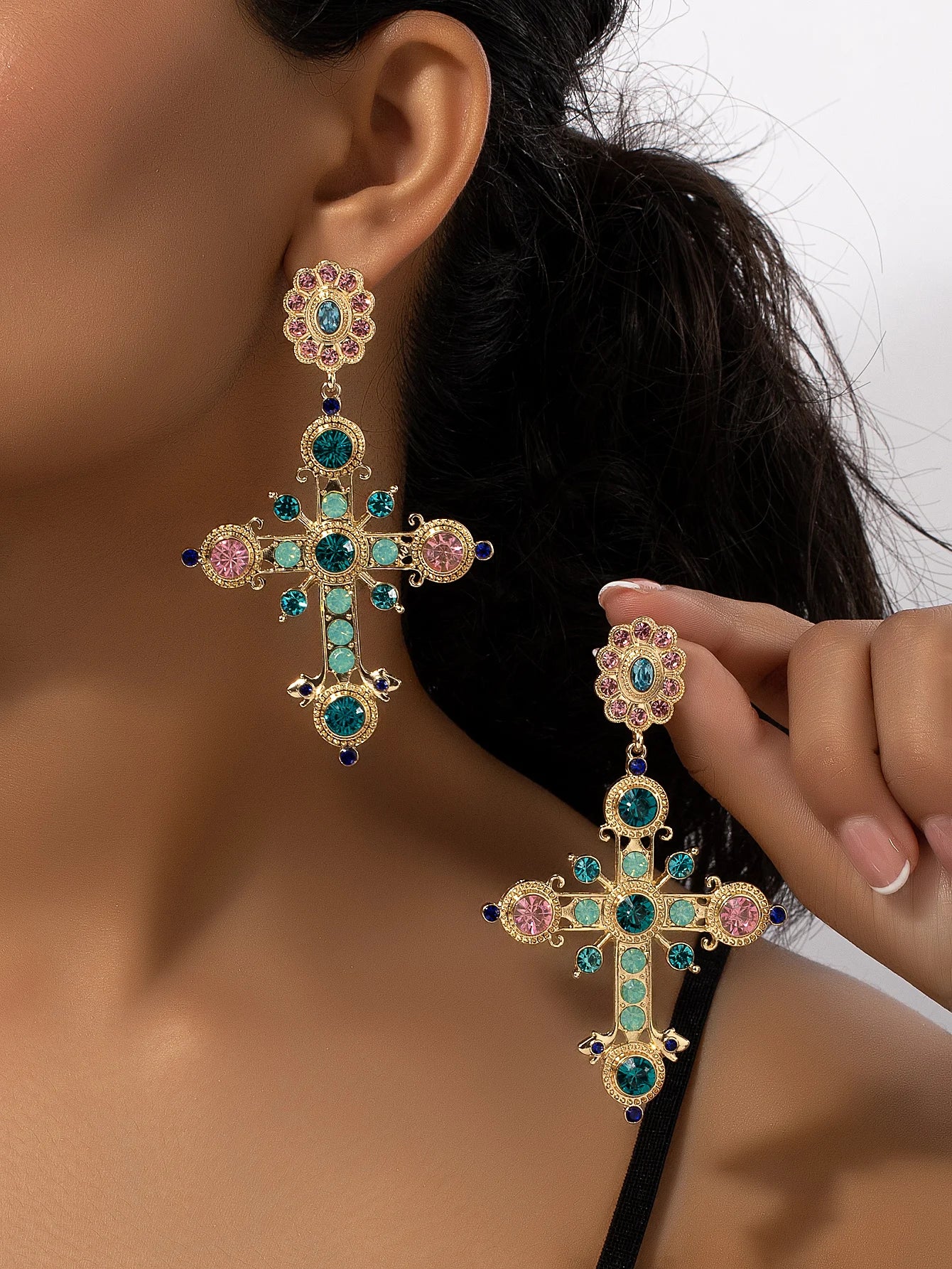Multicolored Luxurious Stone Cross-Shaped Earrings for Women