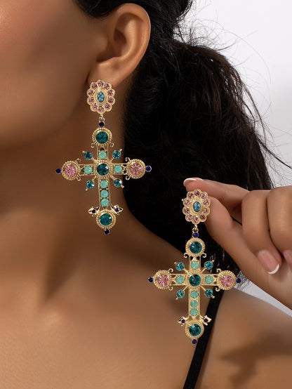 Multicolored Luxurious Stone Cross-Shaped Earrings for Women