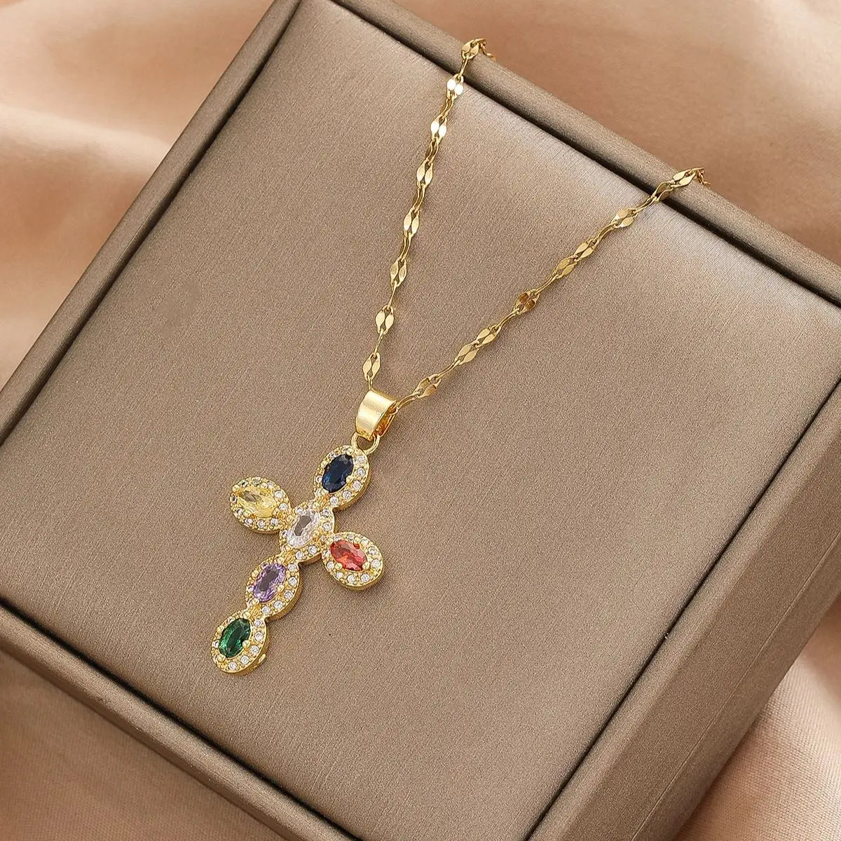 Colorful Round Zircon Cross Necklace for Women