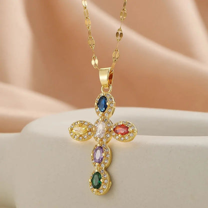 Colorful Round Zircon Cross Necklace for Women