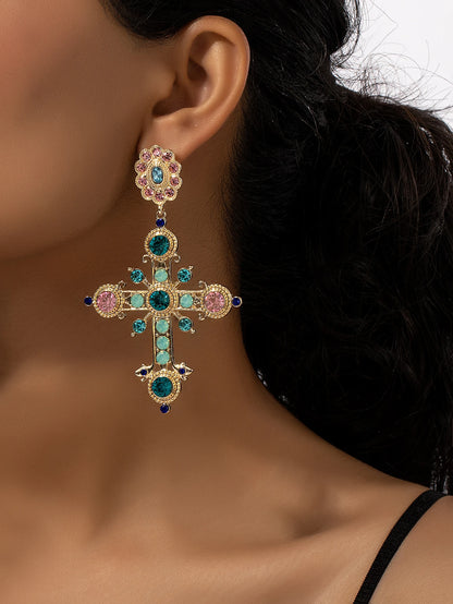 Multicolored Luxurious Stone Cross-Shaped Earrings for Women