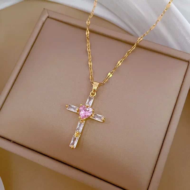 Light Pink Heart Cross Pendant Necklace