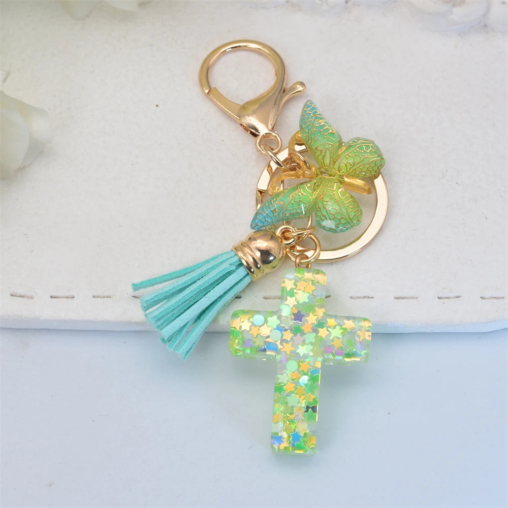 Multi-Color Cross & Butterfly Resin Keychain – Christian Gift