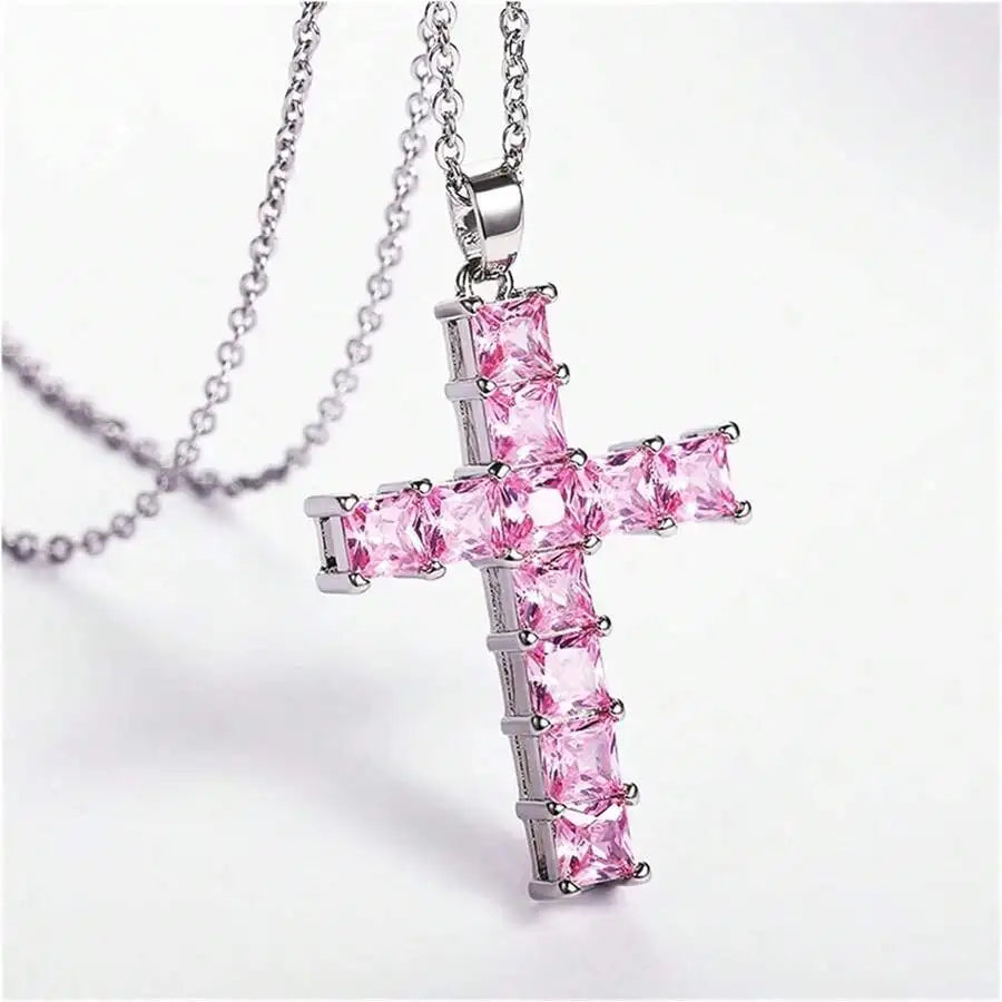 Baby Pink Crystal Cross Pendant Necklace