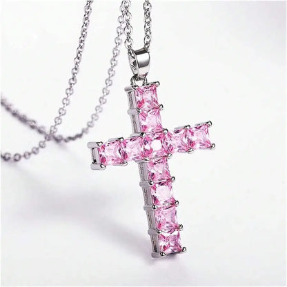 Baby Pink Crystal Cross Pendant Necklace