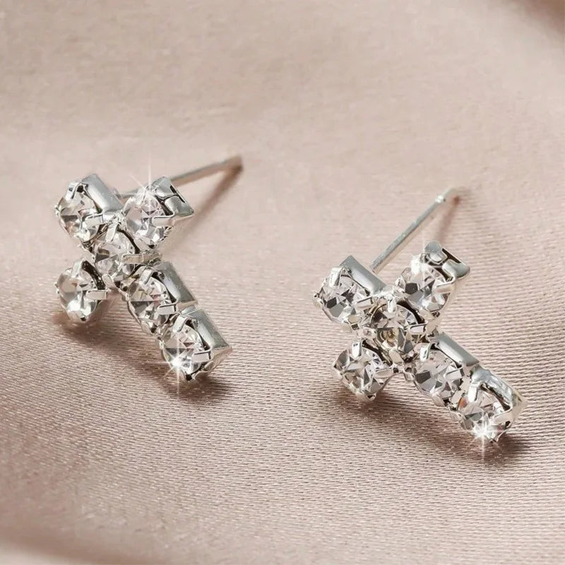 Cross Silver Rhinestone Stud Earrings for Women