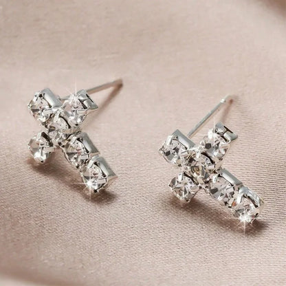 Cross Silver Rhinestone Stud Earrings for Women