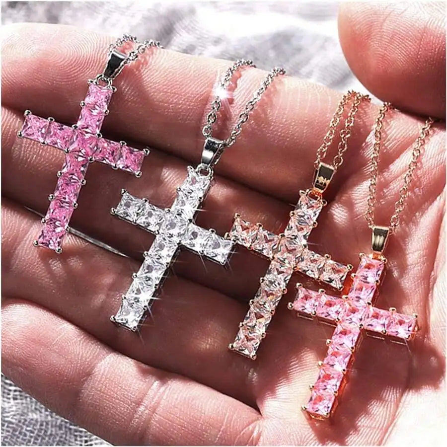 Baby Pink Crystal Cross Pendant Necklace