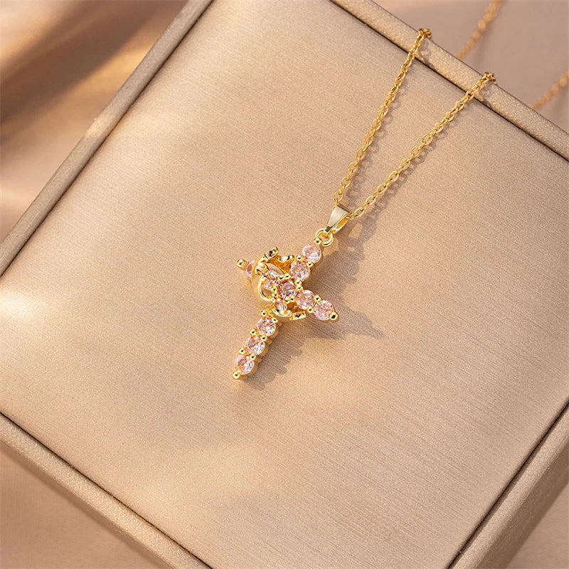 Colorful Crystal Crown Cross Pendant Necklace for Women
