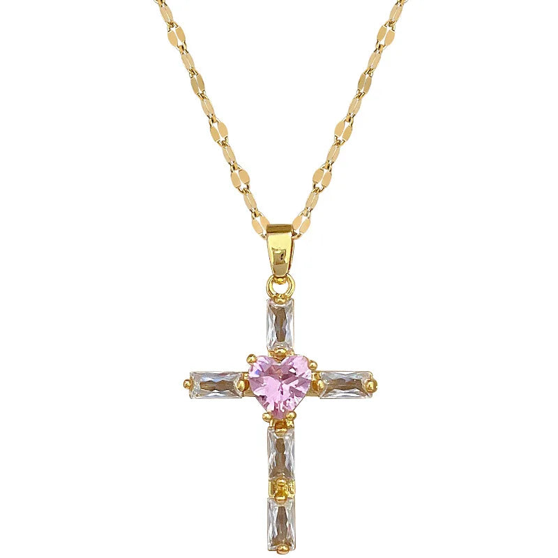 Light Pink Heart Cross Pendant Necklace