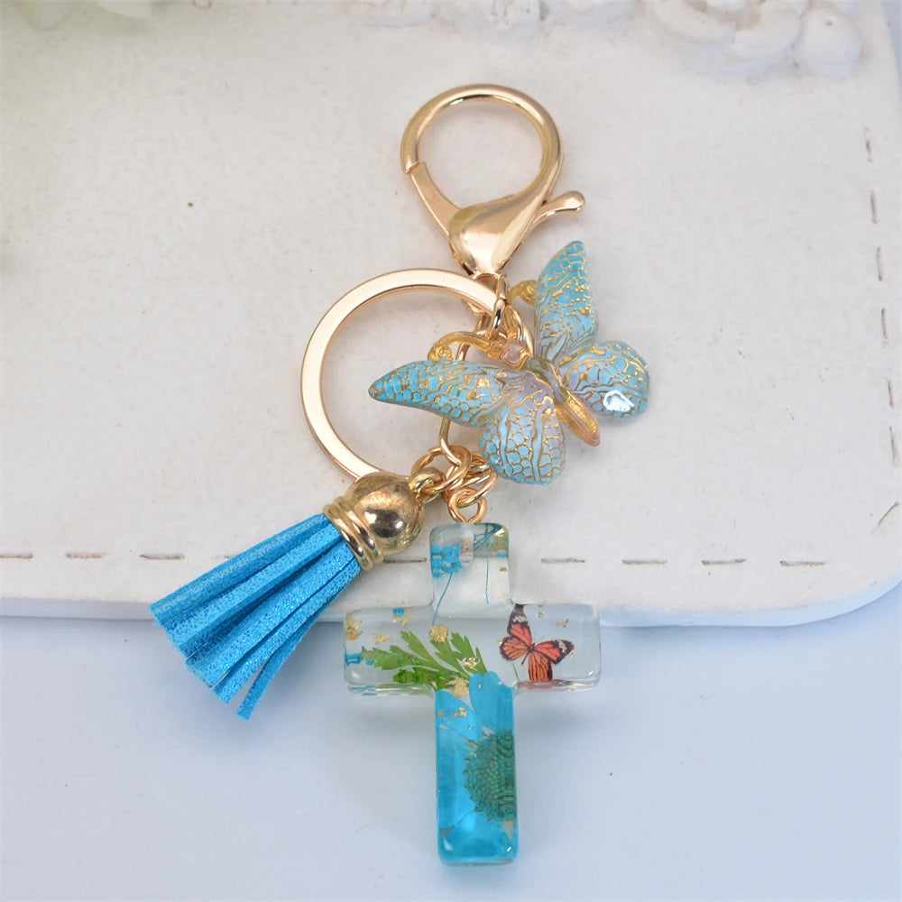 Multi-Color Cross & Butterfly Resin Keychain – Christian Gift