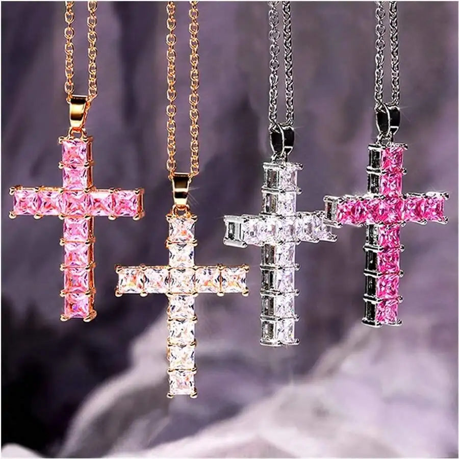 Baby Pink Crystal Cross Pendant Necklace