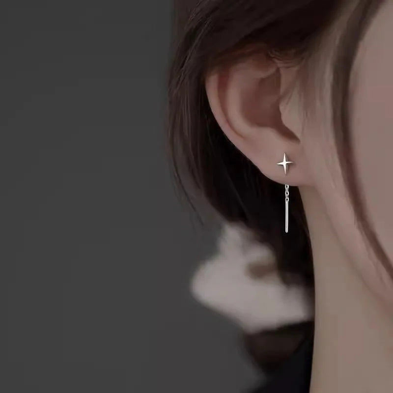 Dainty Silver Star Tassel Drop Earrings for Women