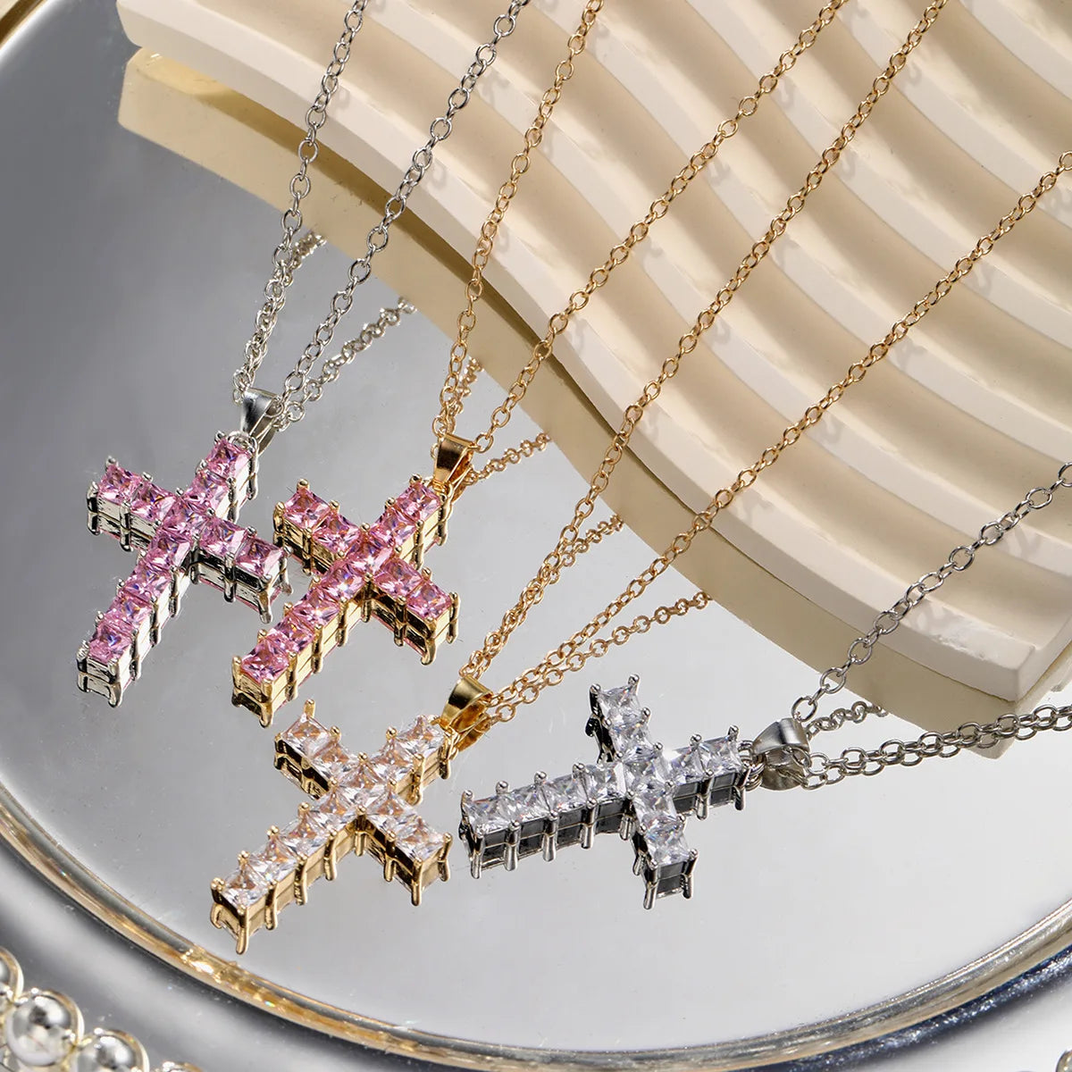 Baby Pink Crystal Cross Pendant Necklace
