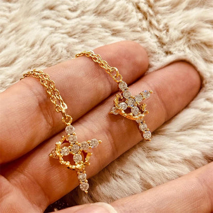 Rotatable Crown Cross Rhinestone Pendant Necklace
