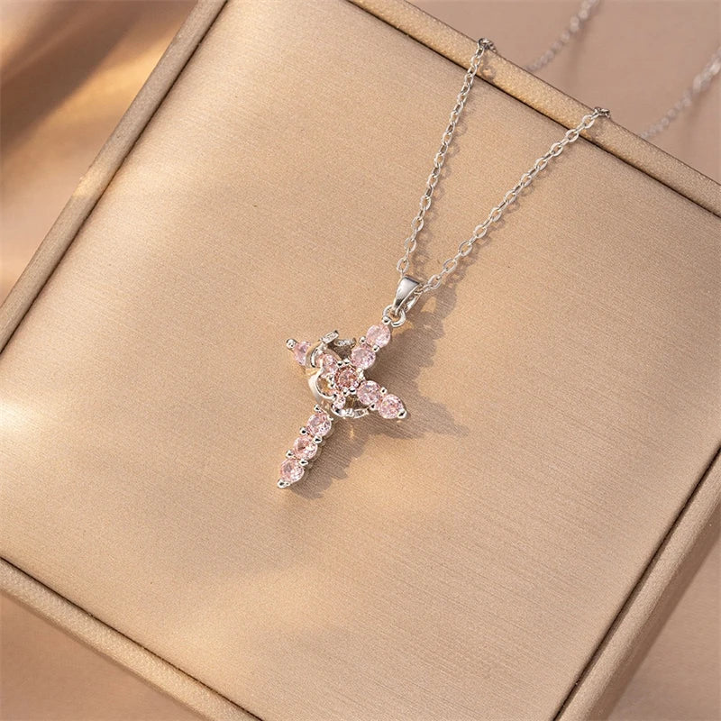 Colorful Crystal Crown Cross Pendant Necklace for Women