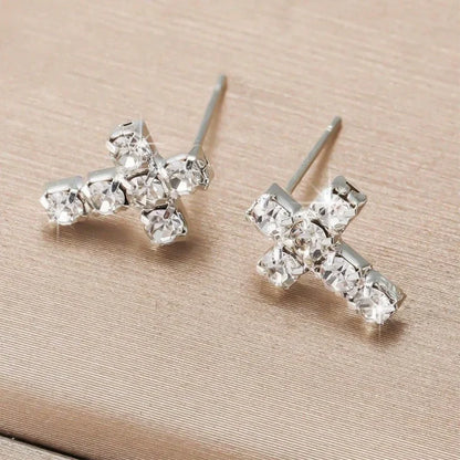 Cross Silver Rhinestone Stud Earrings for Women