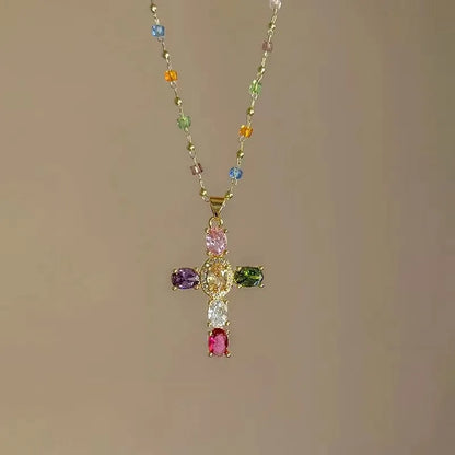 Multi-colorful Zircon Cross Pendant Necklaces