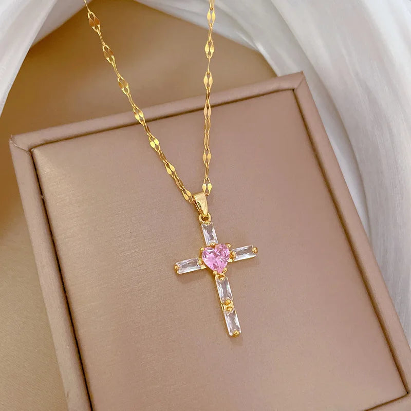 Light Pink Heart Cross Pendant Necklace