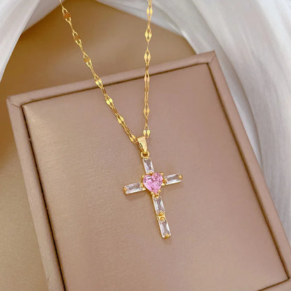 Light Pink Heart Cross Pendant Necklace