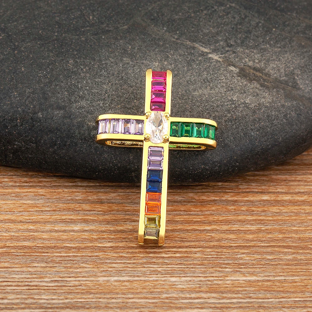 Colorful Rhinestone Cross Shape Pendant Necklace