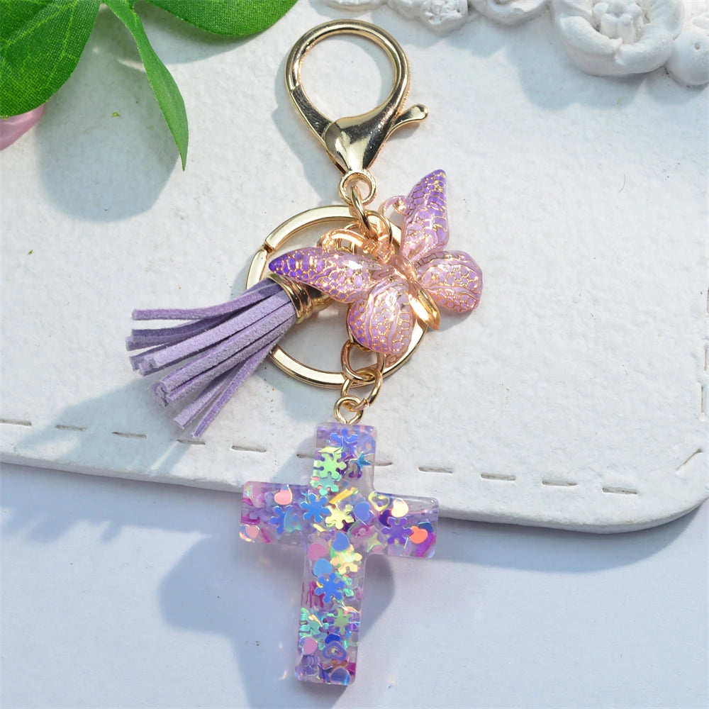 Multi-Color Cross & Butterfly Resin Keychain – Christian Gift