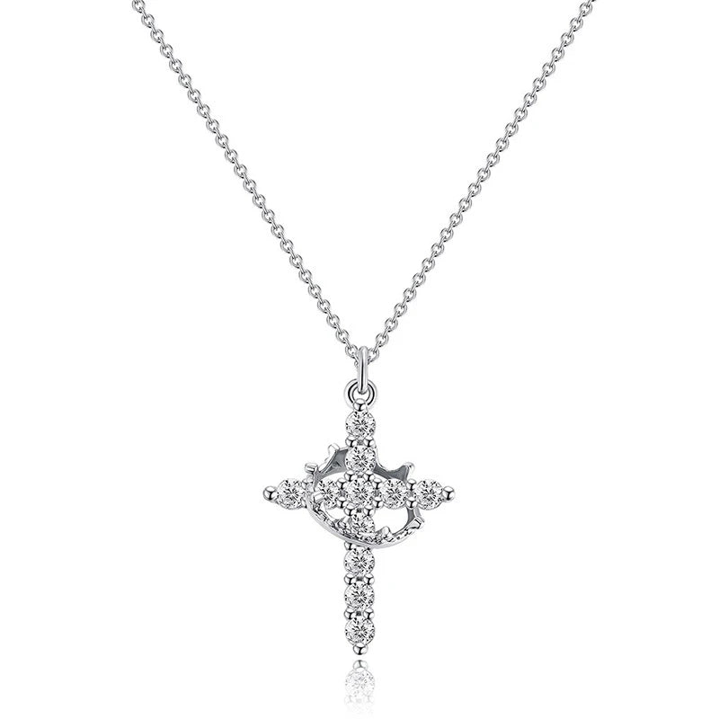 Rotatable Crown Cross Rhinestone Pendant Necklace