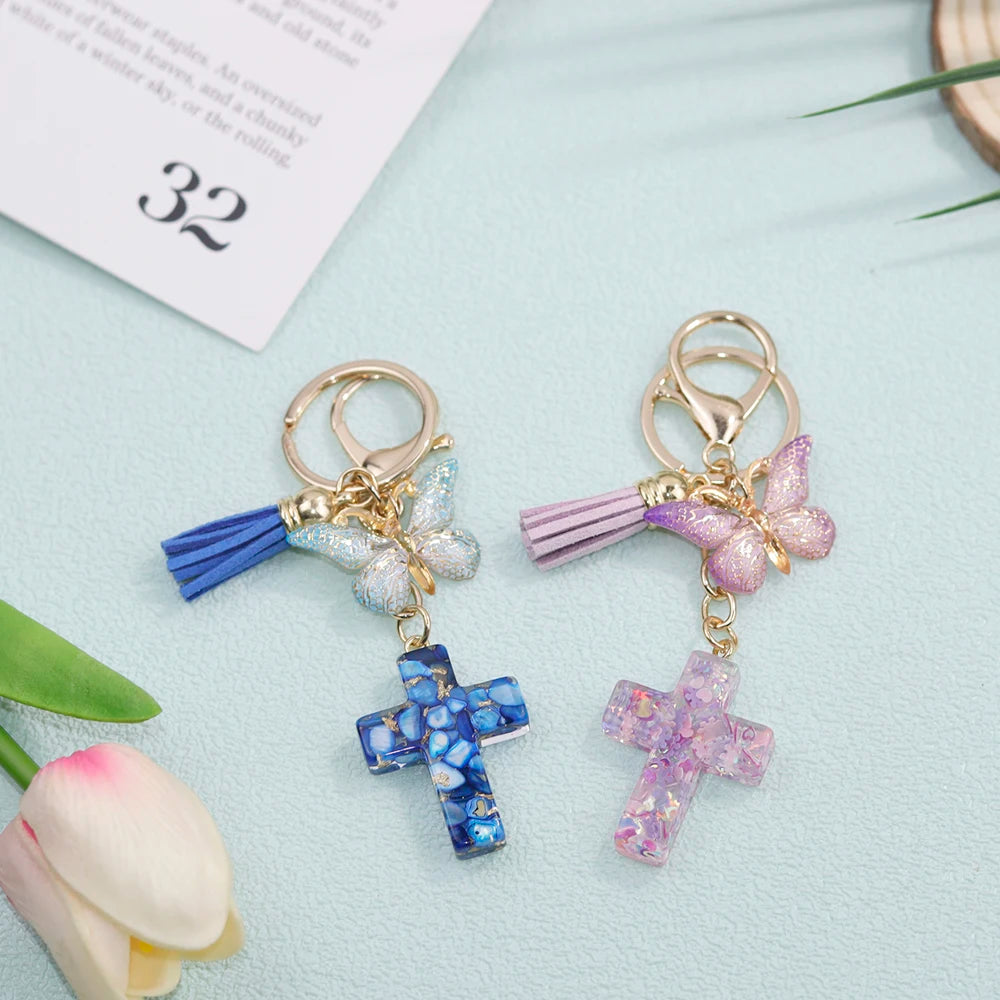 Multi-Color Cross & Butterfly Resin Keychain – Christian Gift