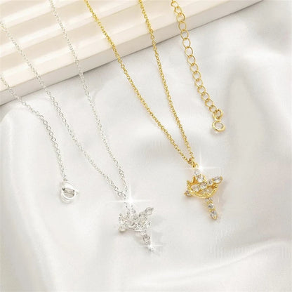 Rotatable Crown Cross Rhinestone Pendant Necklace