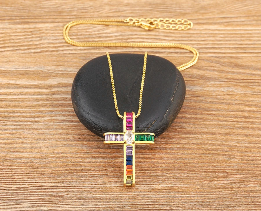 Colorful Rhinestone Cross Shape Pendant Necklace