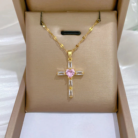 Light Pink Heart Cross Pendant Necklace