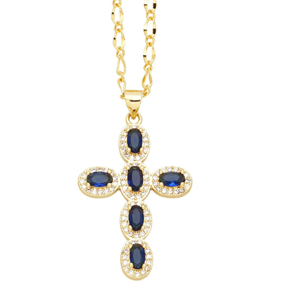 Colorful Round Zircon Cross Necklace for Women