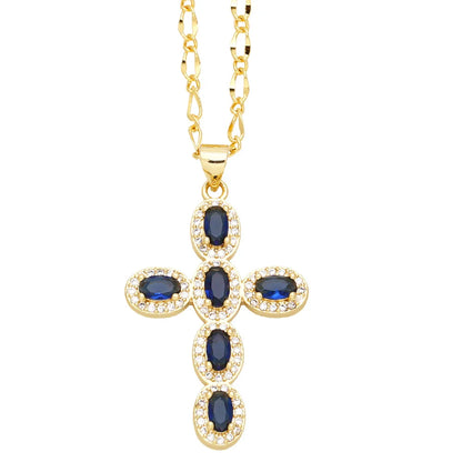 Colorful Round Zircon Cross Necklace for Women