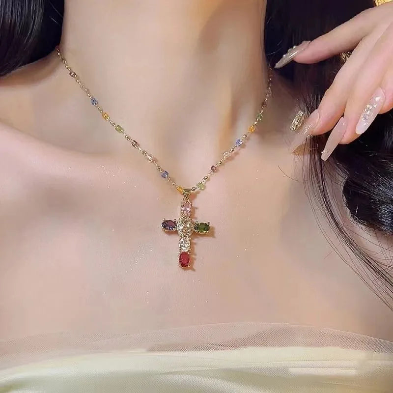 Multi-colorful Zircon Cross Pendant Necklaces