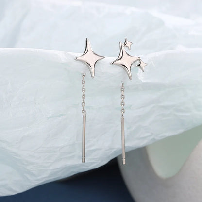 Dainty Silver Star Tassel Drop Earrings for Women