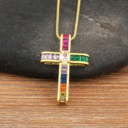 Colorful Rhinestone Cross Shape Pendant Necklace