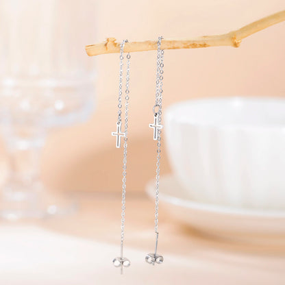 Gold Cross Long Tassel Earrings