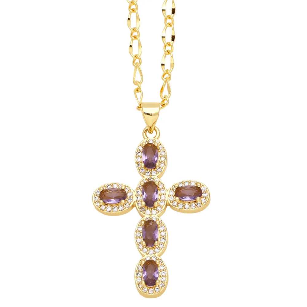 Colorful Round Zircon Cross Necklace for Women