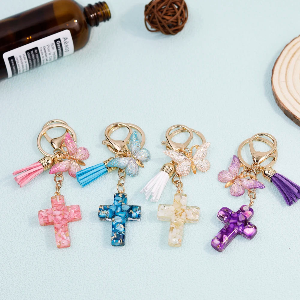 Multi-Color Cross & Butterfly Resin Keychain – Christian Gift