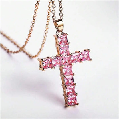 Baby Pink Crystal Cross Pendant Necklace