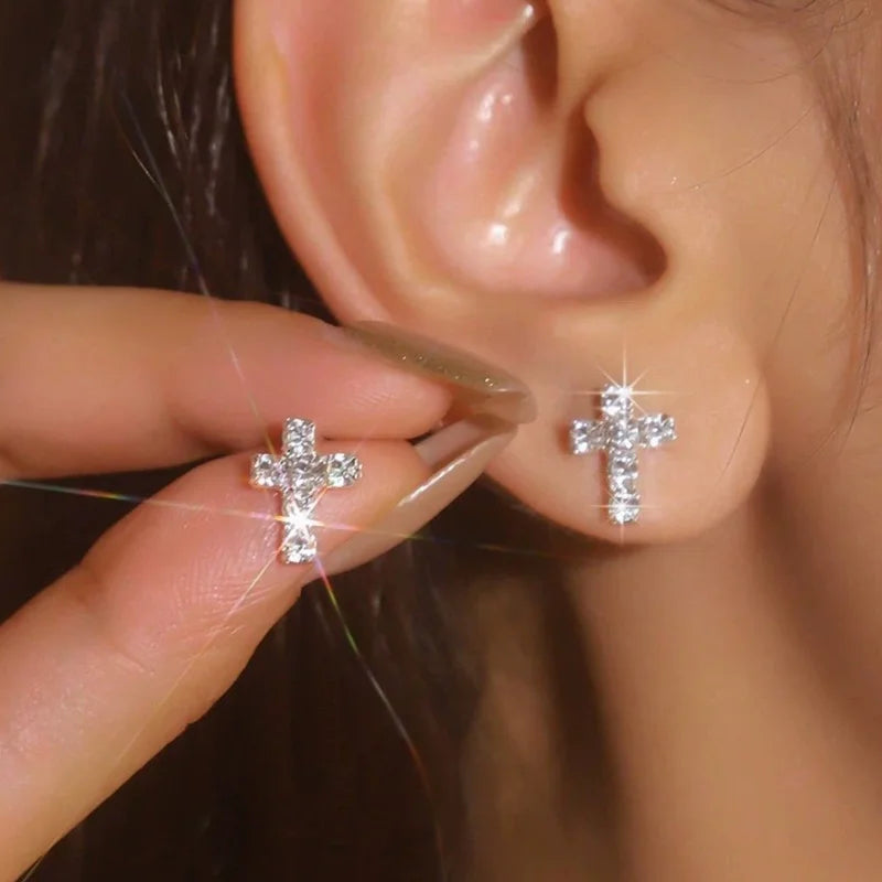 Cross Silver Rhinestone Stud Earrings for Women