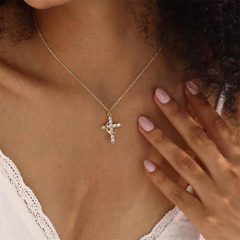 Rotatable Crown Cross Rhinestone Pendant Necklace