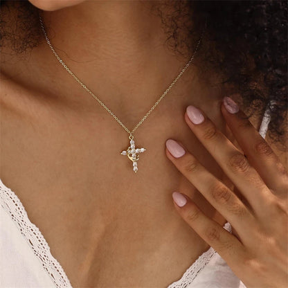 Rotatable Crown Cross Rhinestone Pendant Necklace